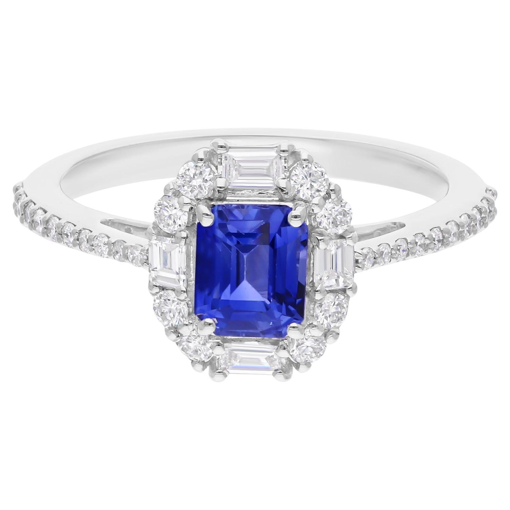 1 Carat Blue Sapphire Gemstone Ring 0.5 Ct. SI/H Diamond 14 Karat White Gold For Sale