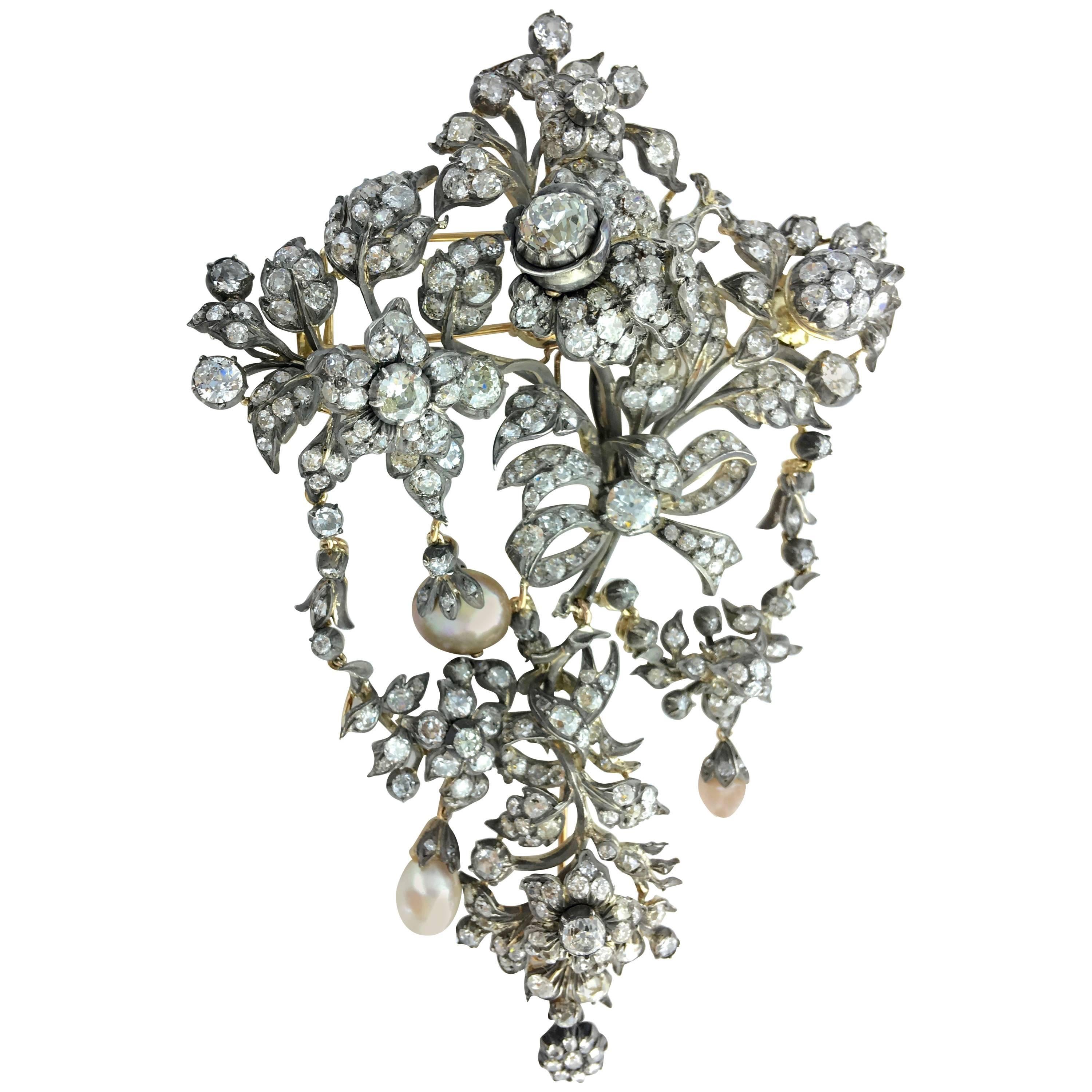 French Early 19th Century En Tremblant Diamond Pearl Stomacher Brooch