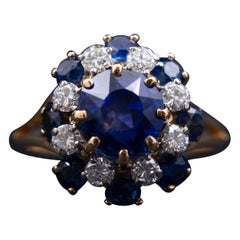 Retro Certified Natural No-Heat Sapphire Diamond Cocktail Ring Yellow Gold 1940s