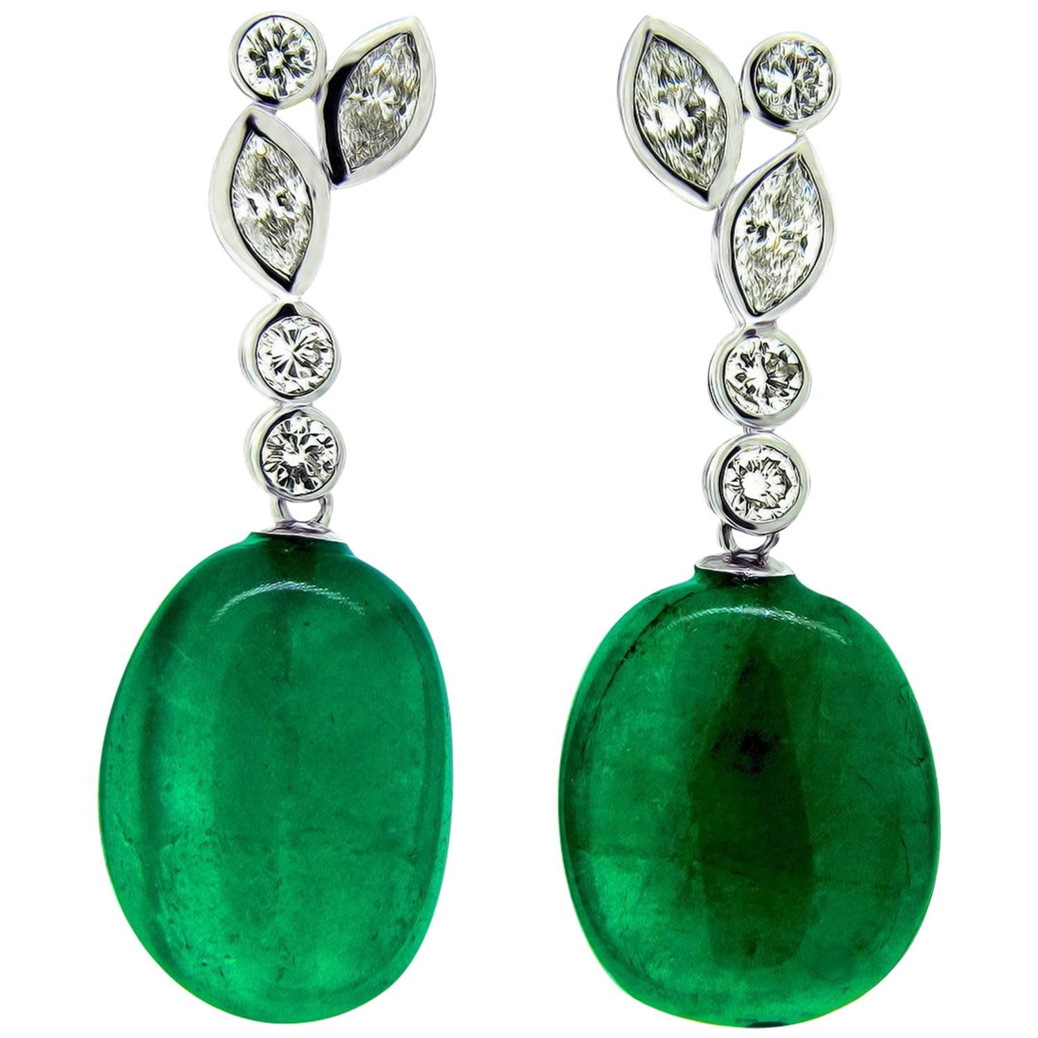 20 Carat Natural Emerald Drop White Diamond Platinum Earrings For Sale