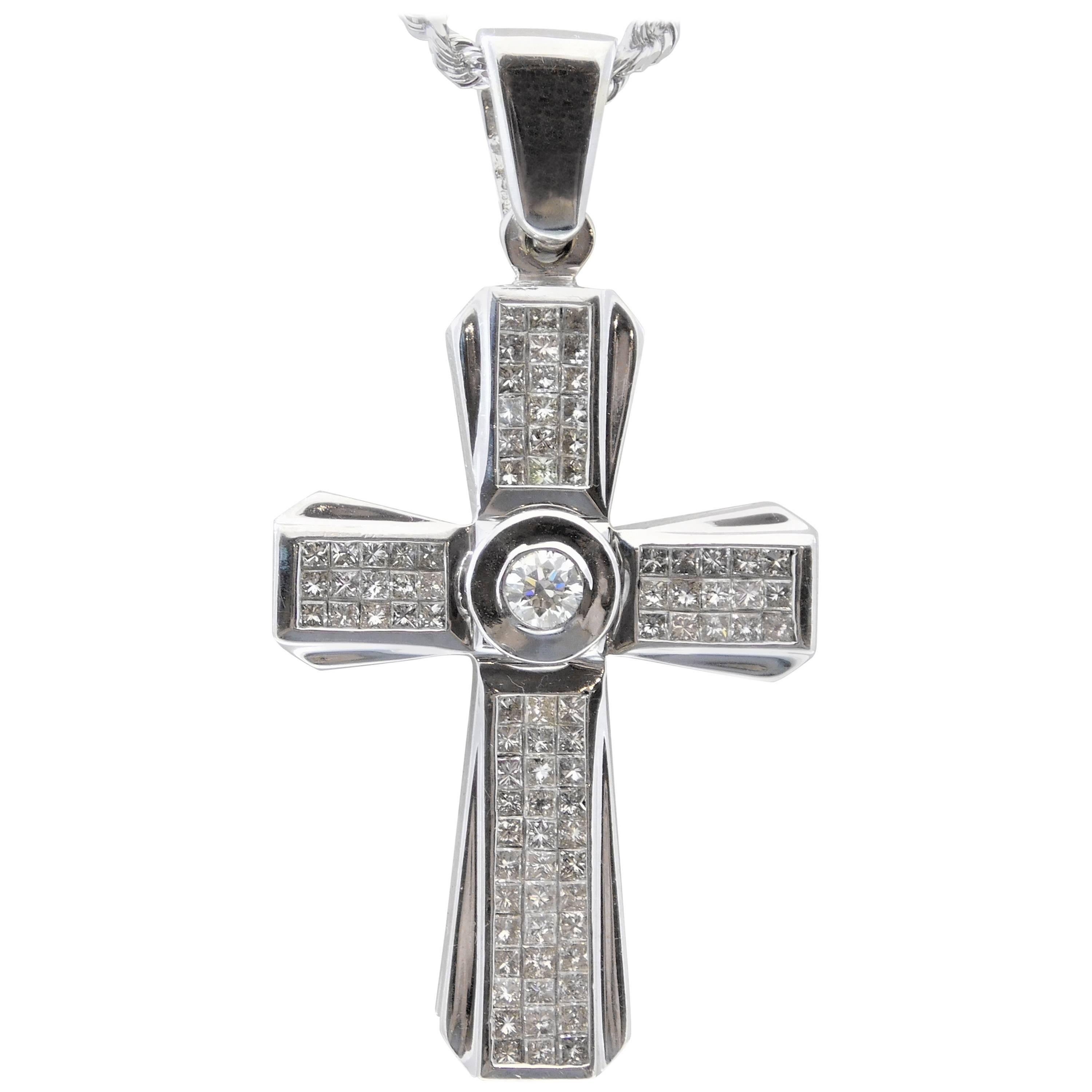  4.70 Carat Diamond White Gold Gothic Cross Pendant For Sale