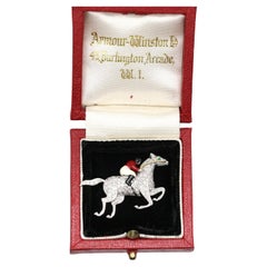 Jockey Horse Racer Diamonds Platinum Enamel Unisex Brooch Boxed, 1975