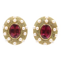 15.8 Carats Tourmaline Fancy Yellow Diamonds Pearls Earrings 18K Gold, 1999