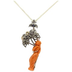 Engraved Body on Orange Coral, Sapphires, Diamonds, Gold/Silver Brooch/Pendant