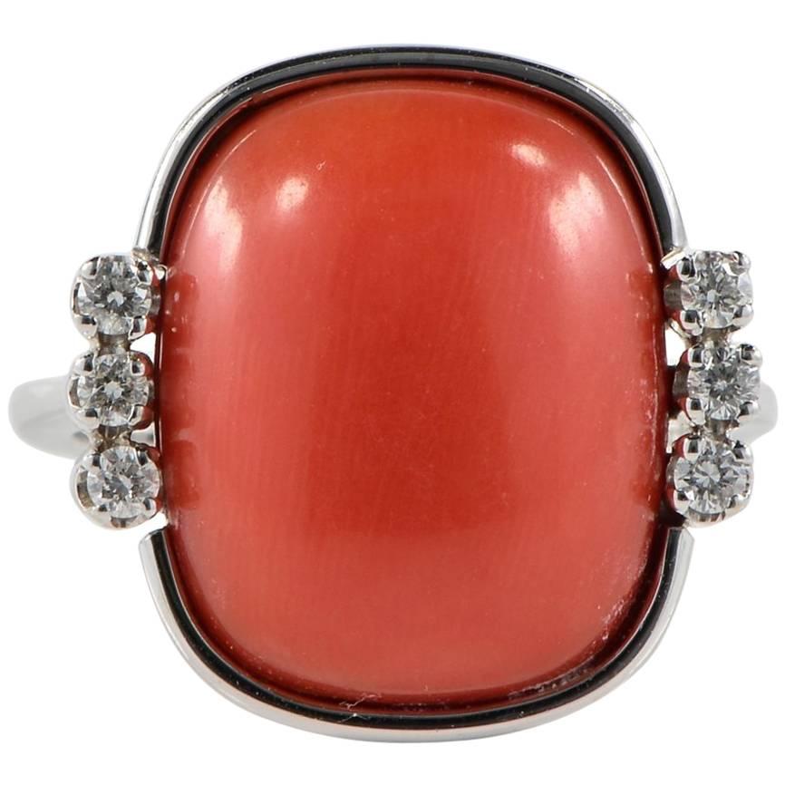 Coral Cabochon and Diamond Ring For Sale