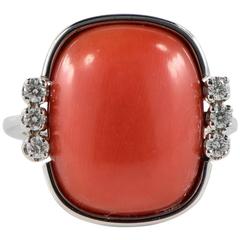 Coral Cabochon and Diamond Ring