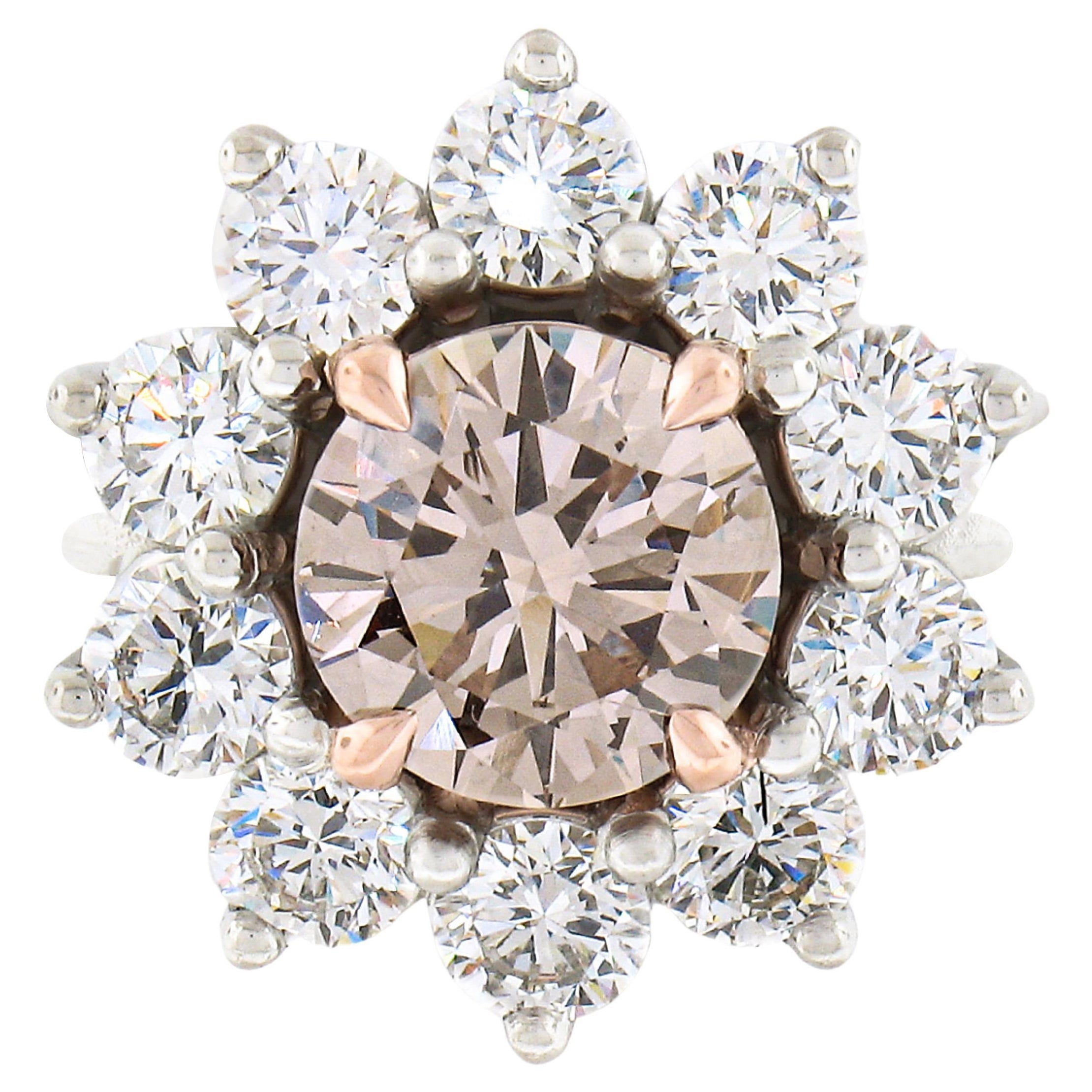 Bague de fiançailles en platine et or 18 carats avec halo de diamants bruns roses fantaisie certifiés GIA