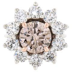 Bague de fiançailles en platine et or 18 carats avec halo de diamants bruns roses fantaisie certifiés GIA