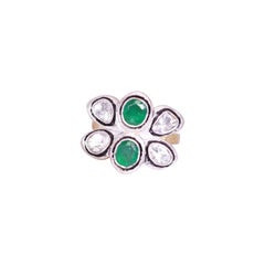 Bague Vintage en argent sterling faite à la main : Nature Rose Cut Polki Diamond Emerald.