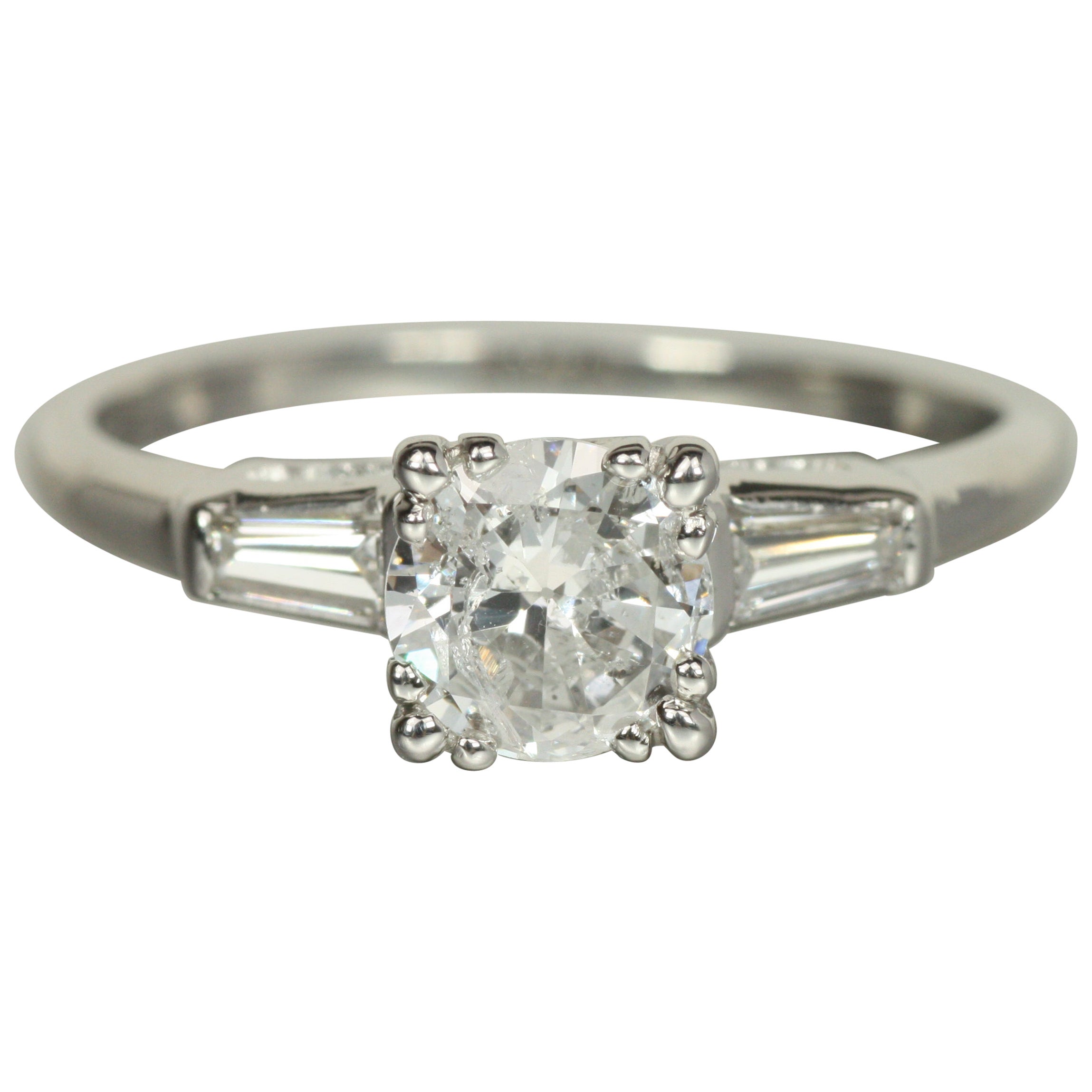 1950s 3-Stone Engagement Ring – 0.84ct Round & Baguette Diamonds in Platinum