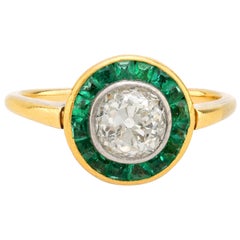 Art Deco diamond emerald 18k yellow gold target ring