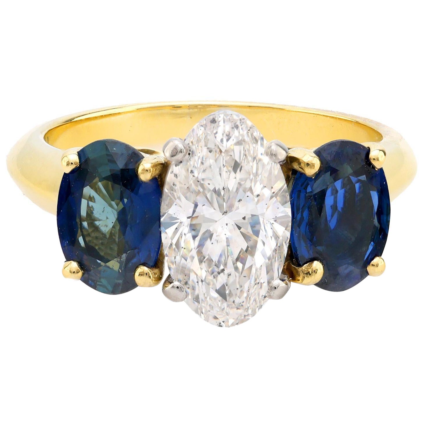 Bague à trois pierres en or jaune 18 carats avec diamants et saphirs de 1,53 carat certifiés GIA