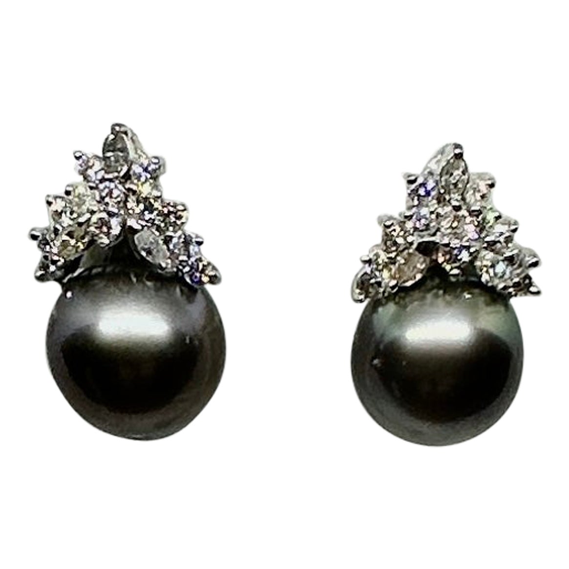 30 Diamond 14mm Black South Sea Pearl Earrings 14 Karat White Gold For Sale