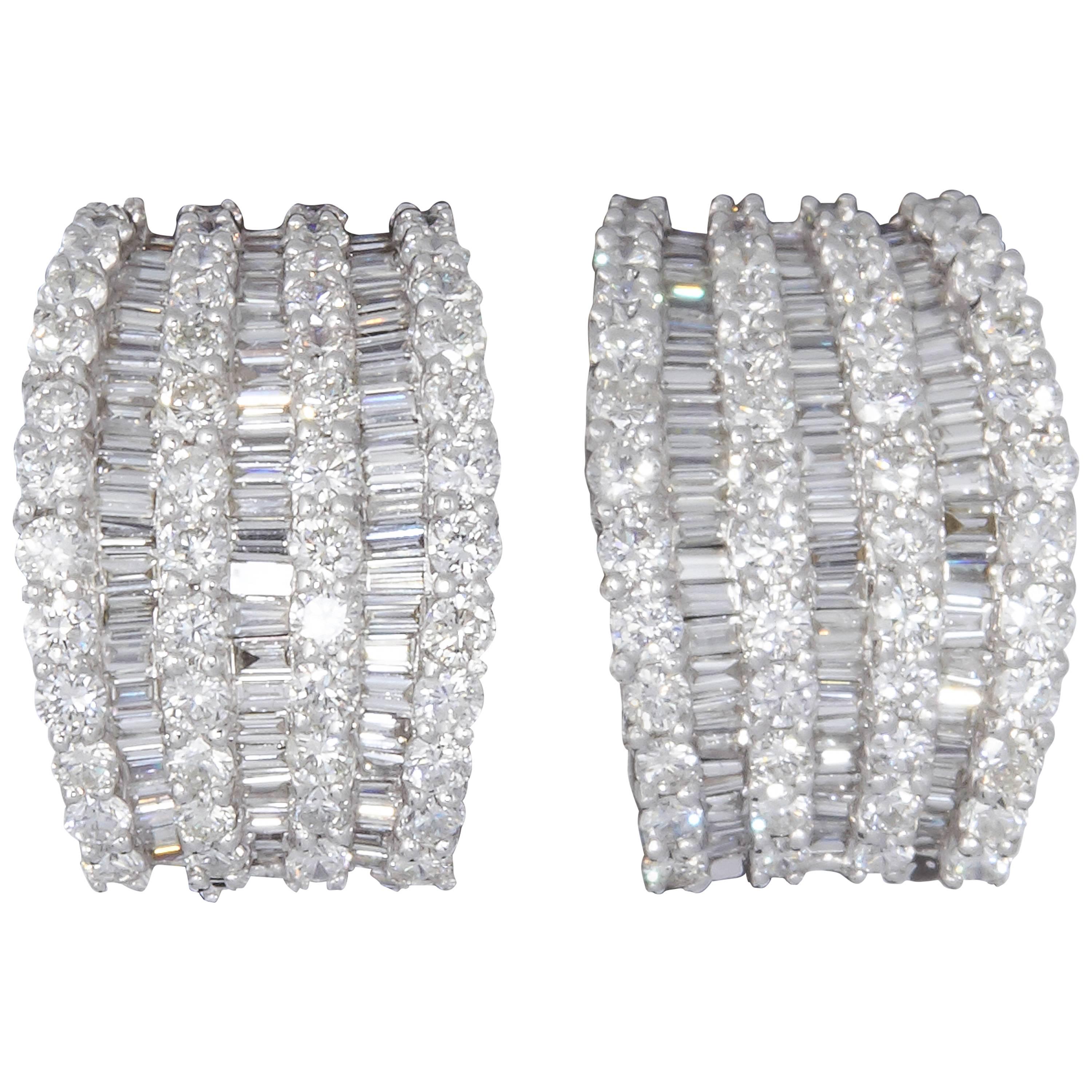 Baguette and Round Diamond Wide Huggie Hoop Earrings