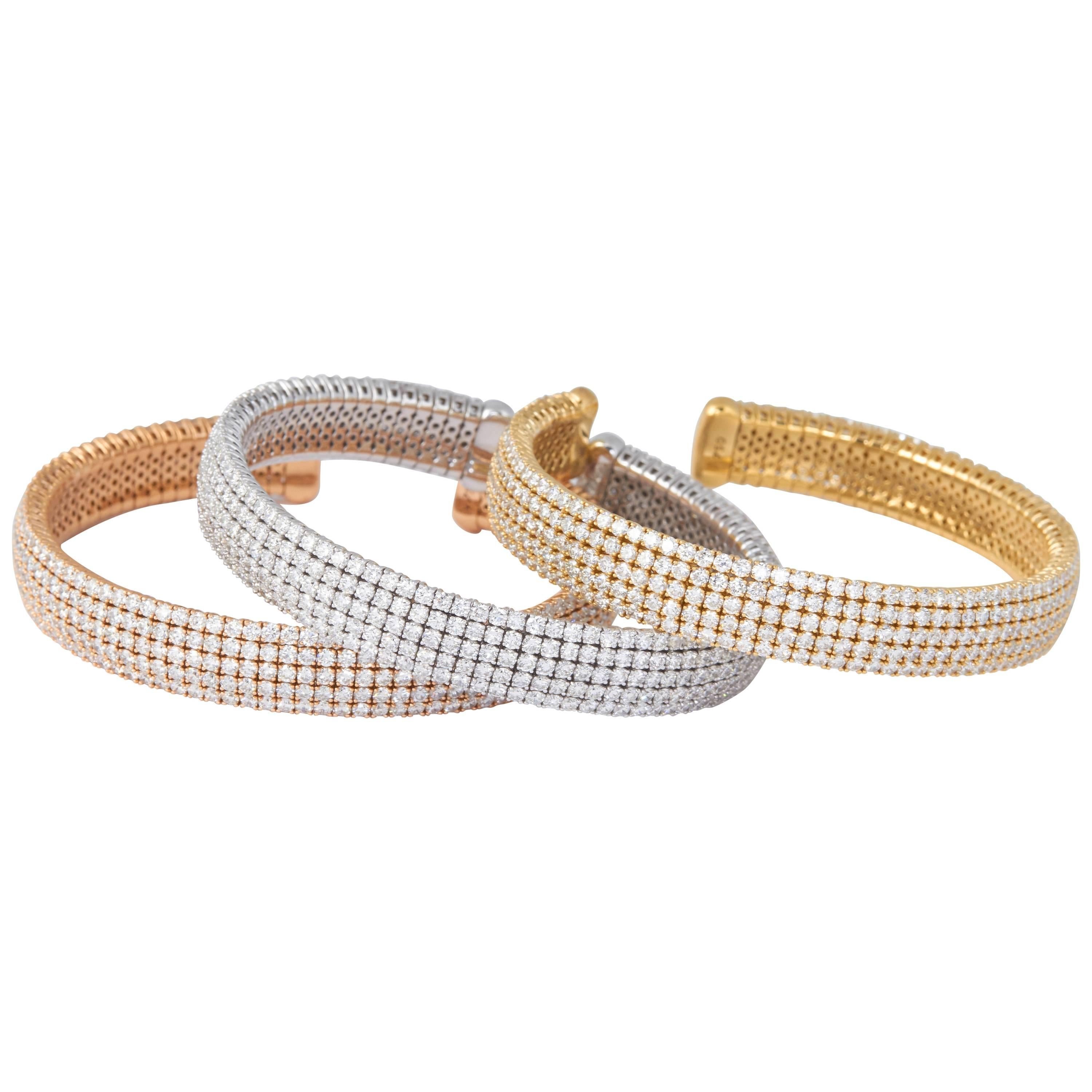 Trio of White, Yellow and Rose Gold Diamond Cuff Bracelets