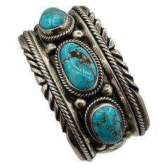 Turquoise Navajo Native American Cuff Bracelet Sterling Silver Antique