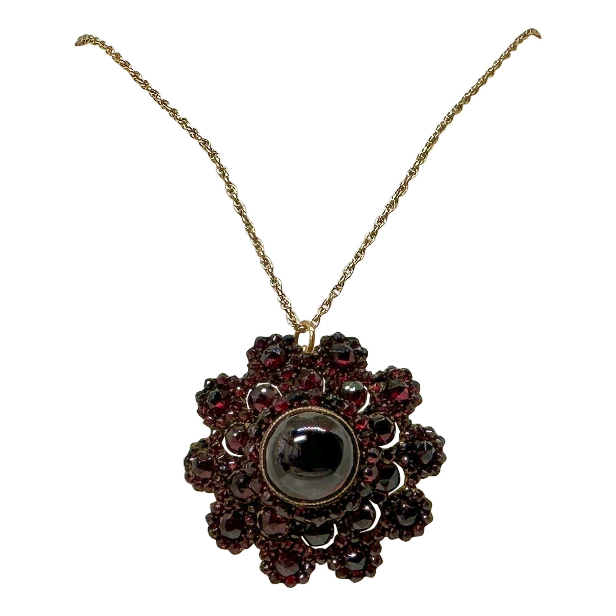 Art Deco Bohemian Garnet Pendant Lavaliere Necklace Brooch 13mm Cabochon Antique