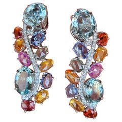 Set in 18K white Gold, Aquamarine, Multi Sapphires & Diamonds Chandelier Earring