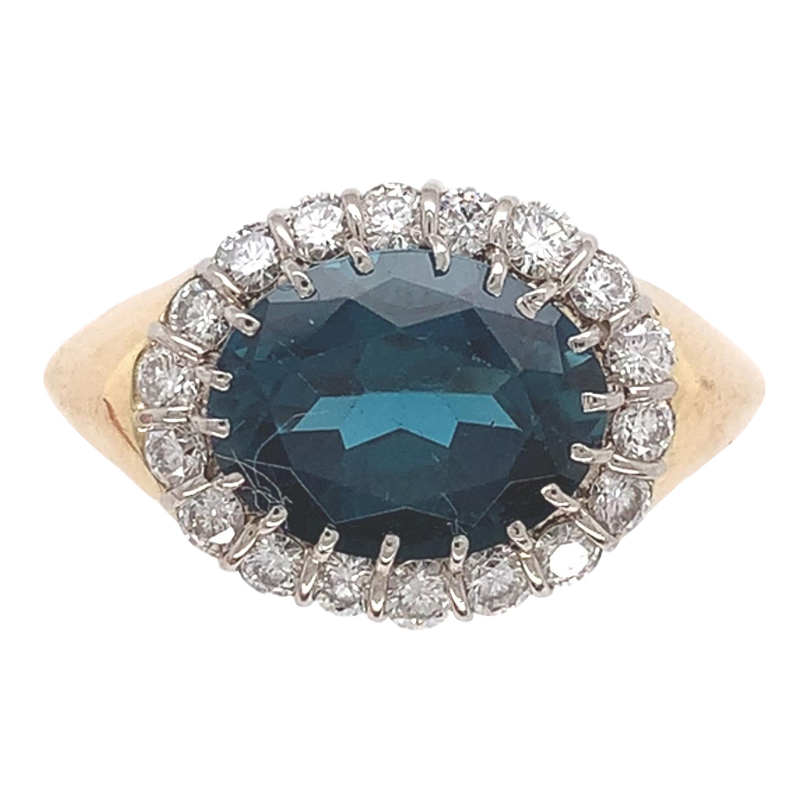 Platinum and 18K Yellow Gold Teal Blue Topaz and Diamond Ring size 6