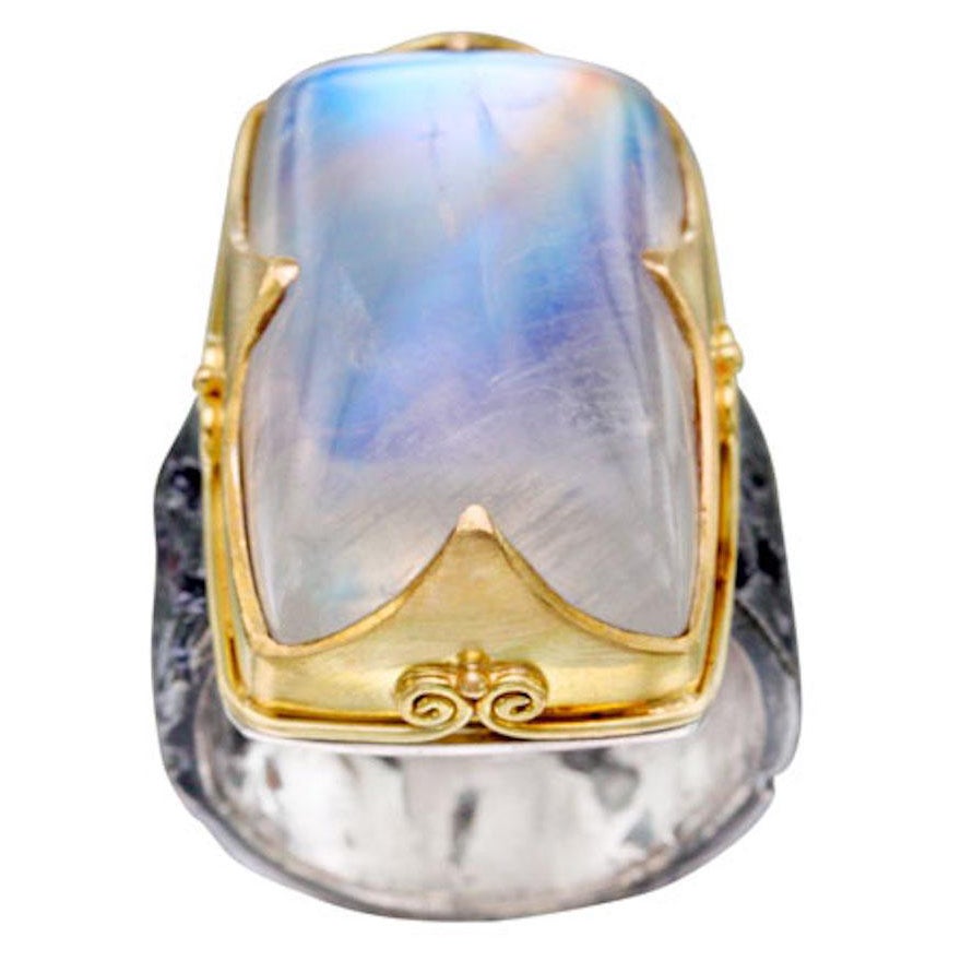 Steven Battelle 38.8 Carats Rainbow Moonstone Cabochon Gold Silver Ring