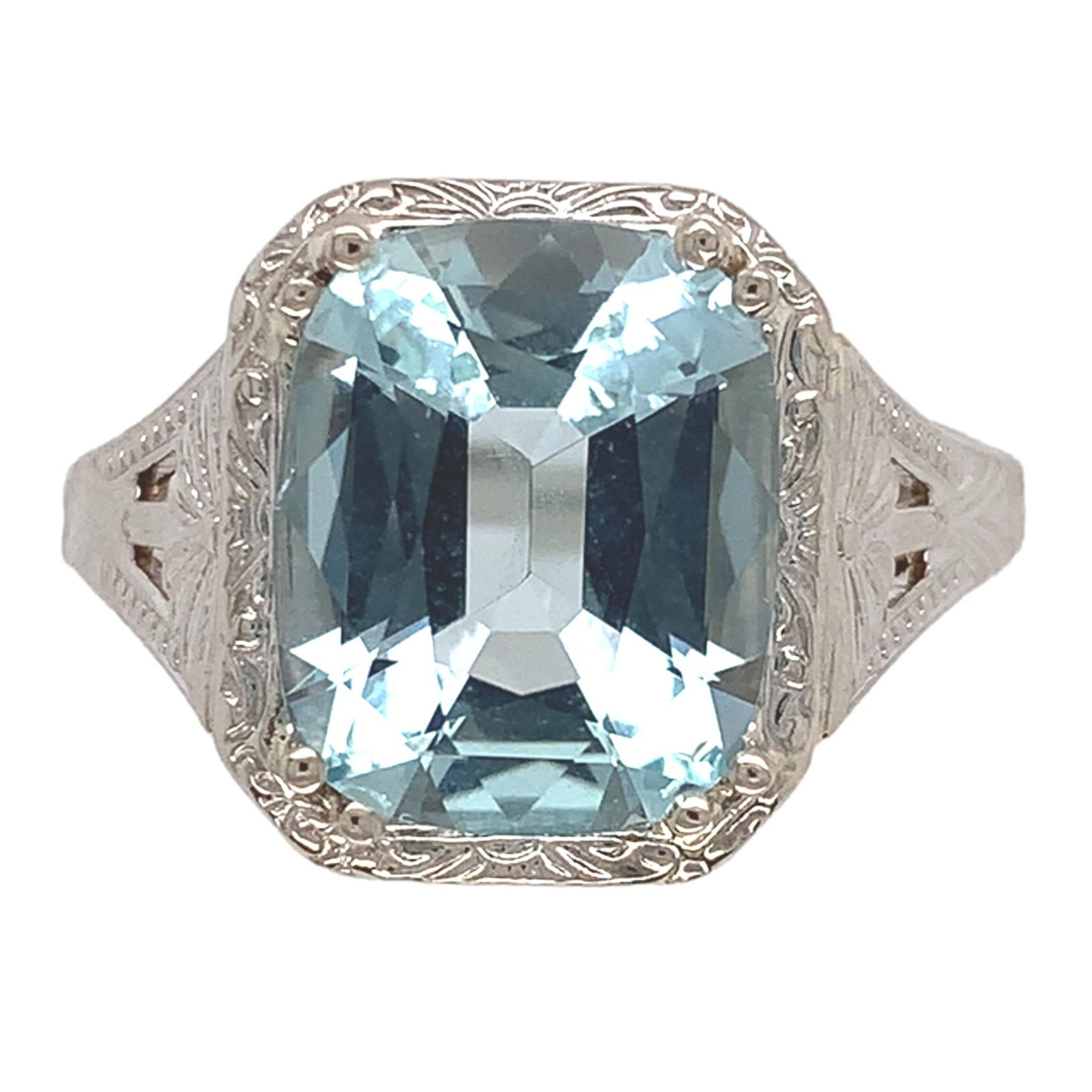 Anillo de oro blanco de 14 quilates con filigrana de aguamarina de 3,12 quilates talla 7,25
