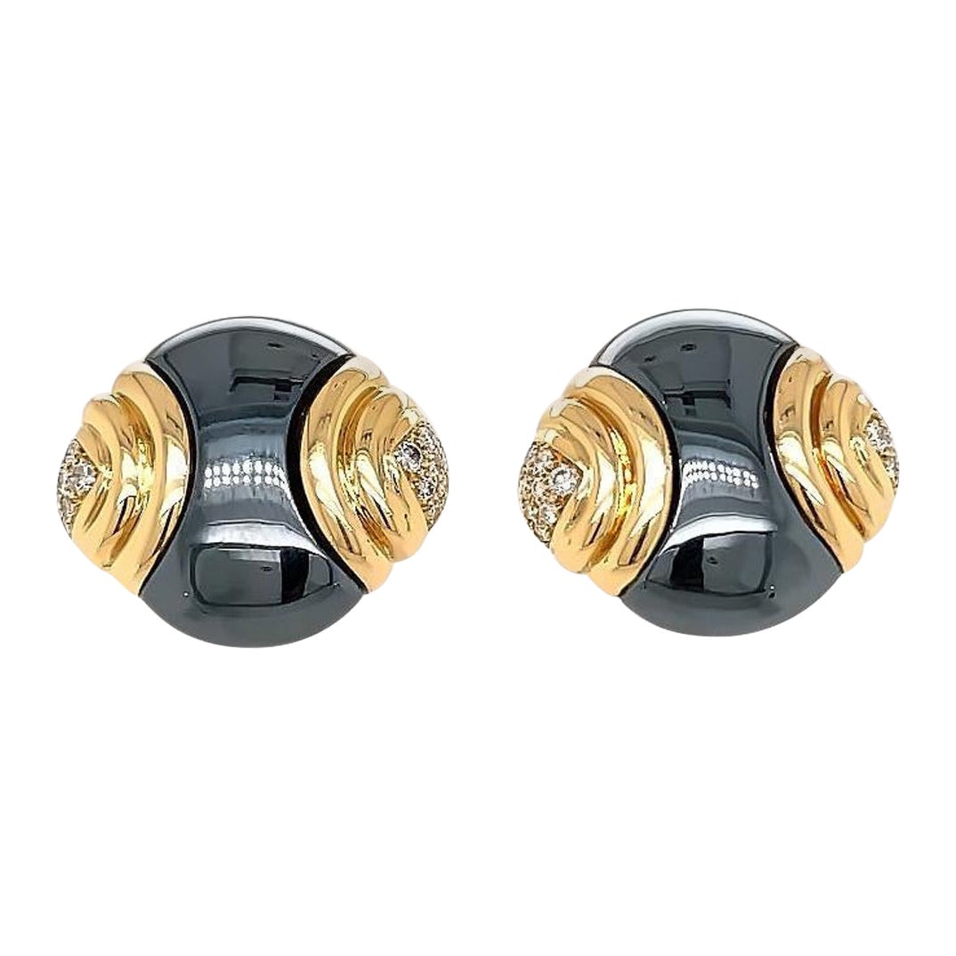 Bulgari Diamond Hematite 18 Karat Yellow Gold Earrings For Sale