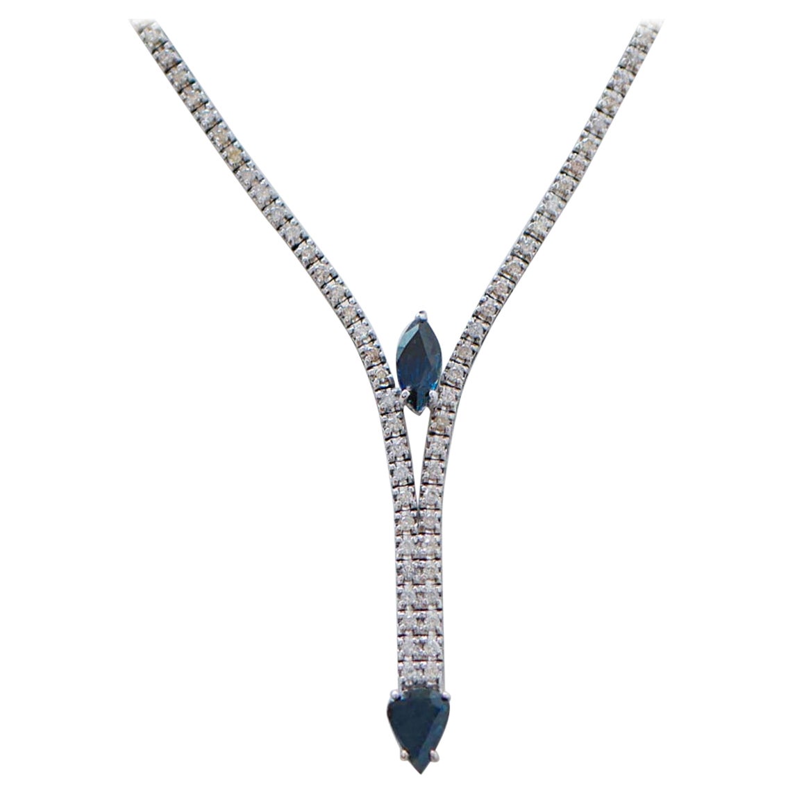 Sapphires, Diamonds, 14 Karat White Gold Tennis Necklace.