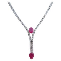 Rubies, Diamonds, 14 Karat White Gold Tennis Necklace.