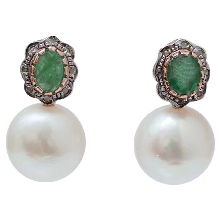 Pearls, Emeralds, Diamonds, Rose Gold and Silver Earrings.