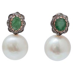 Pearls, Emeralds, Diamonds, Rose Gold and Silver Earrings.