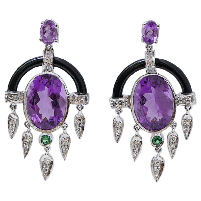 Amethysts, Tsavorite, Onyx, Diamonds, Platinum Earrings.