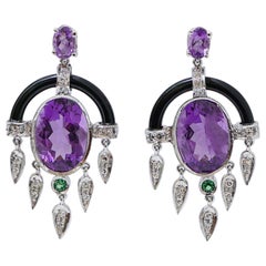 Amethysts, Tsavorite, Onyx, Diamonds, Platinum Earrings.