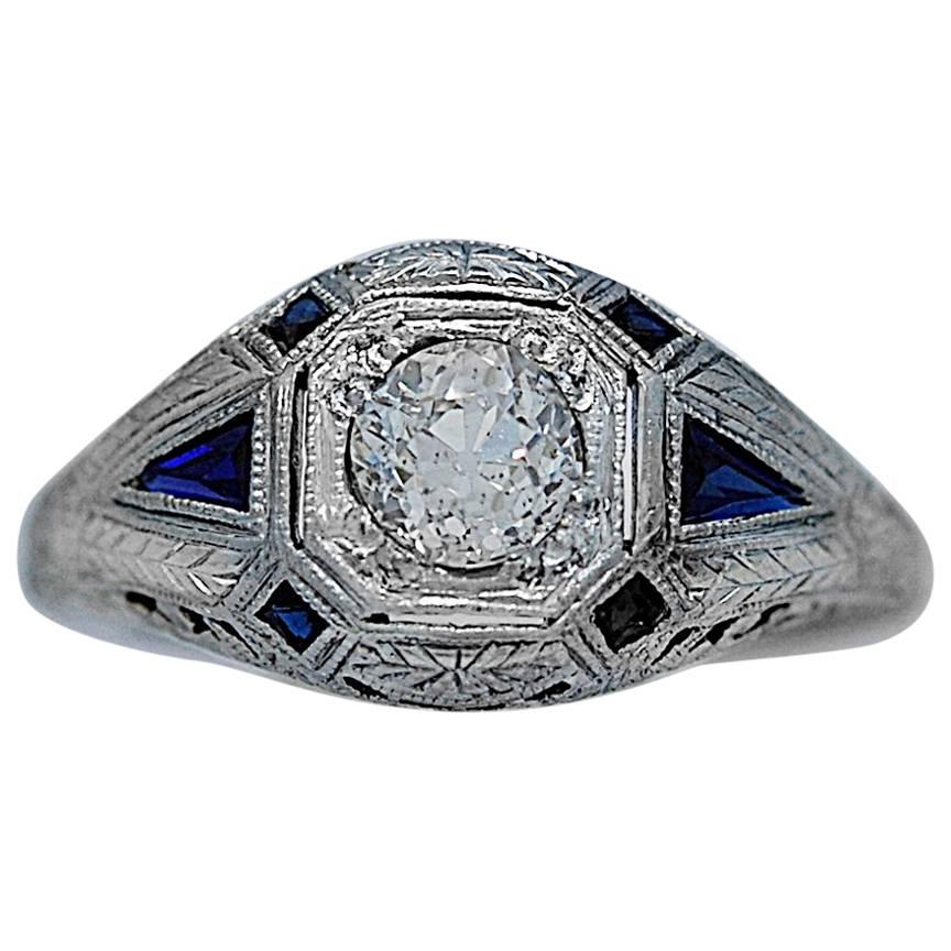 .50 Carat Diamond Sapphire Art Deco Engagement Ring