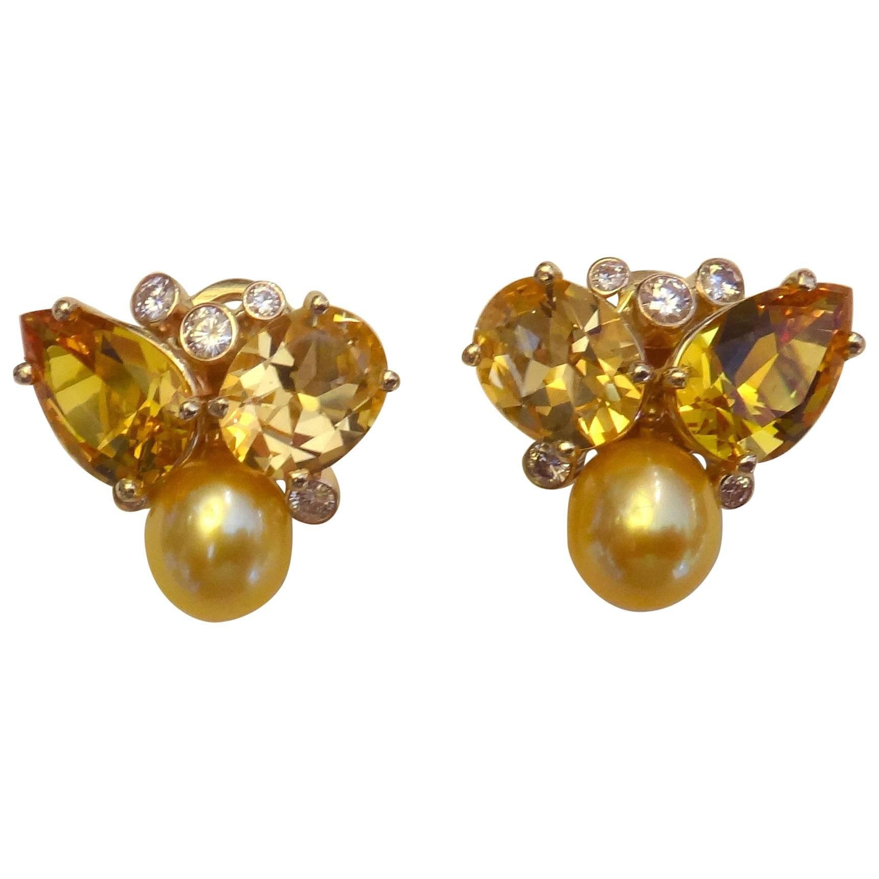 Michael Kneebone Topaz Citrine Golden Pearl Diamond "Confetti" Earrings
