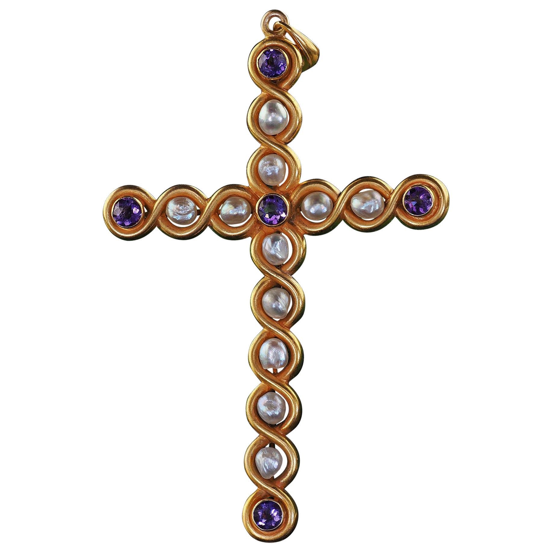 Antique Art Nouveau 18K Yellow Gold Amethyst and Pearl Cross Pendant