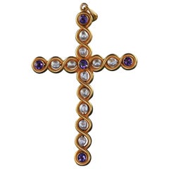 Antique Art Nouveau 18K Yellow Gold Amethyst and Pearl Cross Pendant