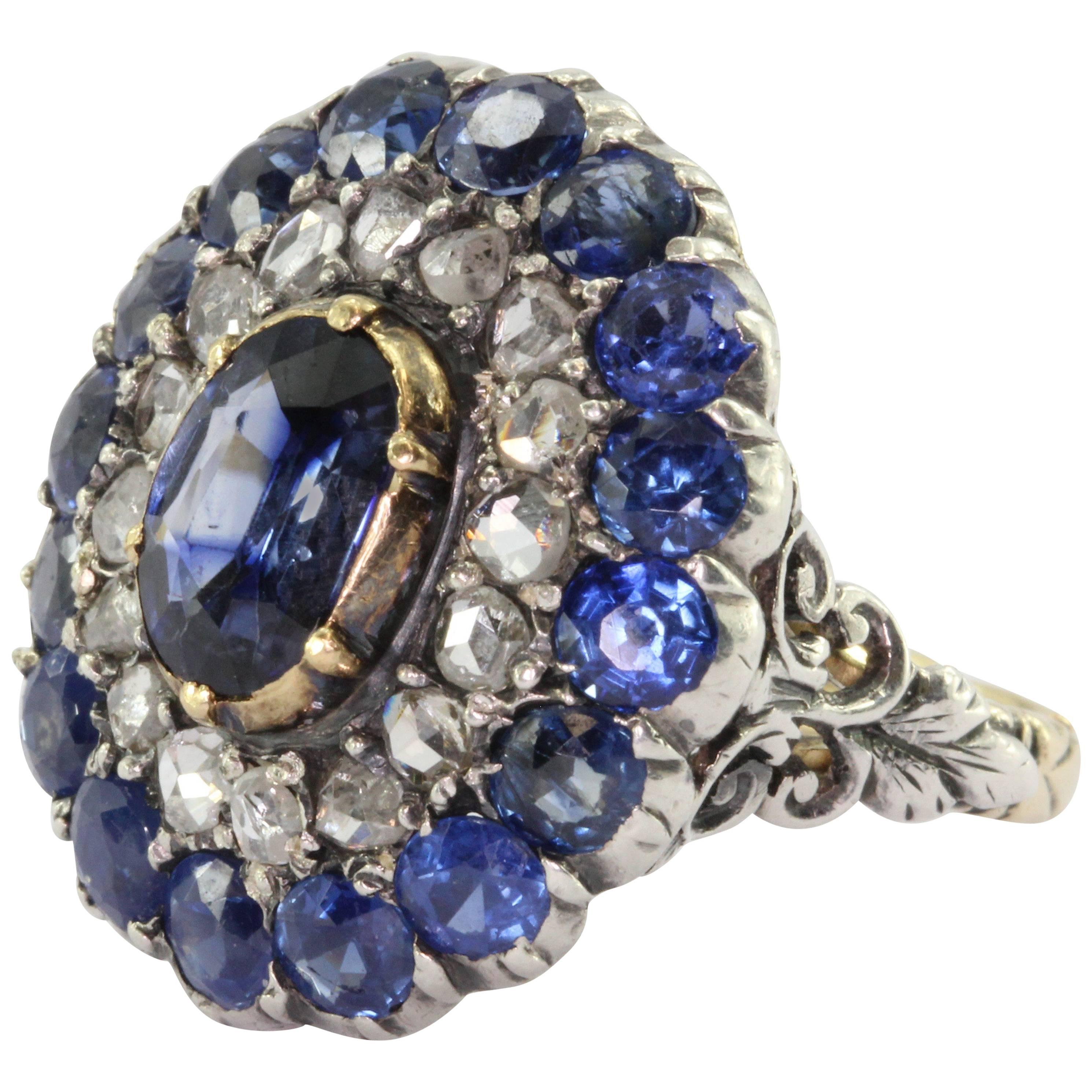  Blue Sapphire Rose Cut Diamond Ring