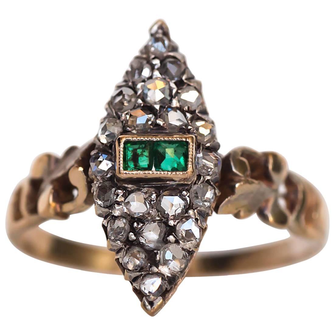 1880s Victorian Yellow Gold Diamond and Emerald Engagement Ring