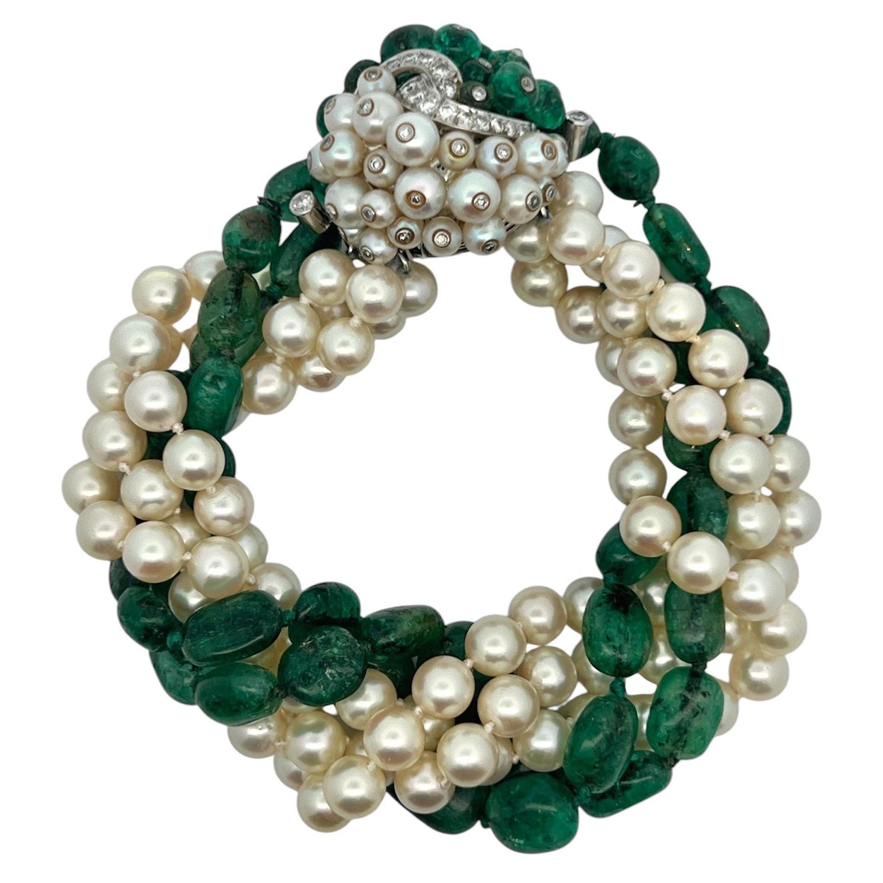 Emerald and Pearl Torsade Beaded Bracelet