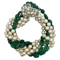Emerald and Pearl Torsade Beaded Bracelet
