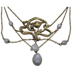 Art Nouveau Pearl and Diamond Gold Necklace