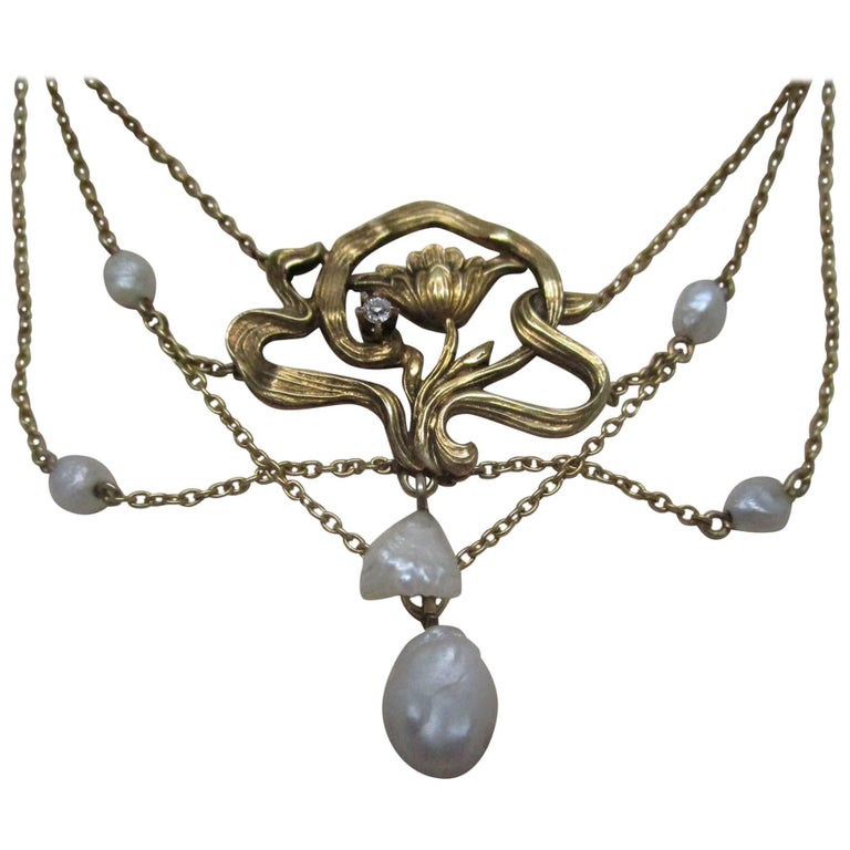 Art Nouveau Pearl and Diamond Gold Necklace at 1stDibs