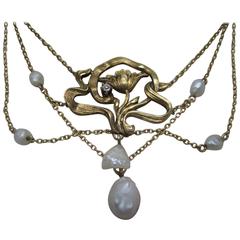 Art Nouveau Pearl and Diamond Gold Necklace 11