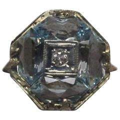 14 Karat Filigree Ring with Aquamarines and Diamond