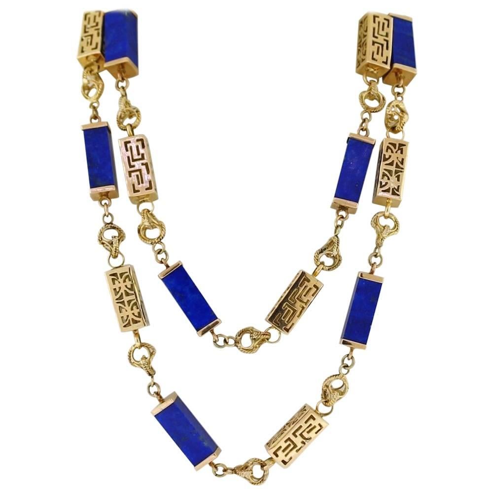 Lapis Yellow Gold Rectangular Link Necklace