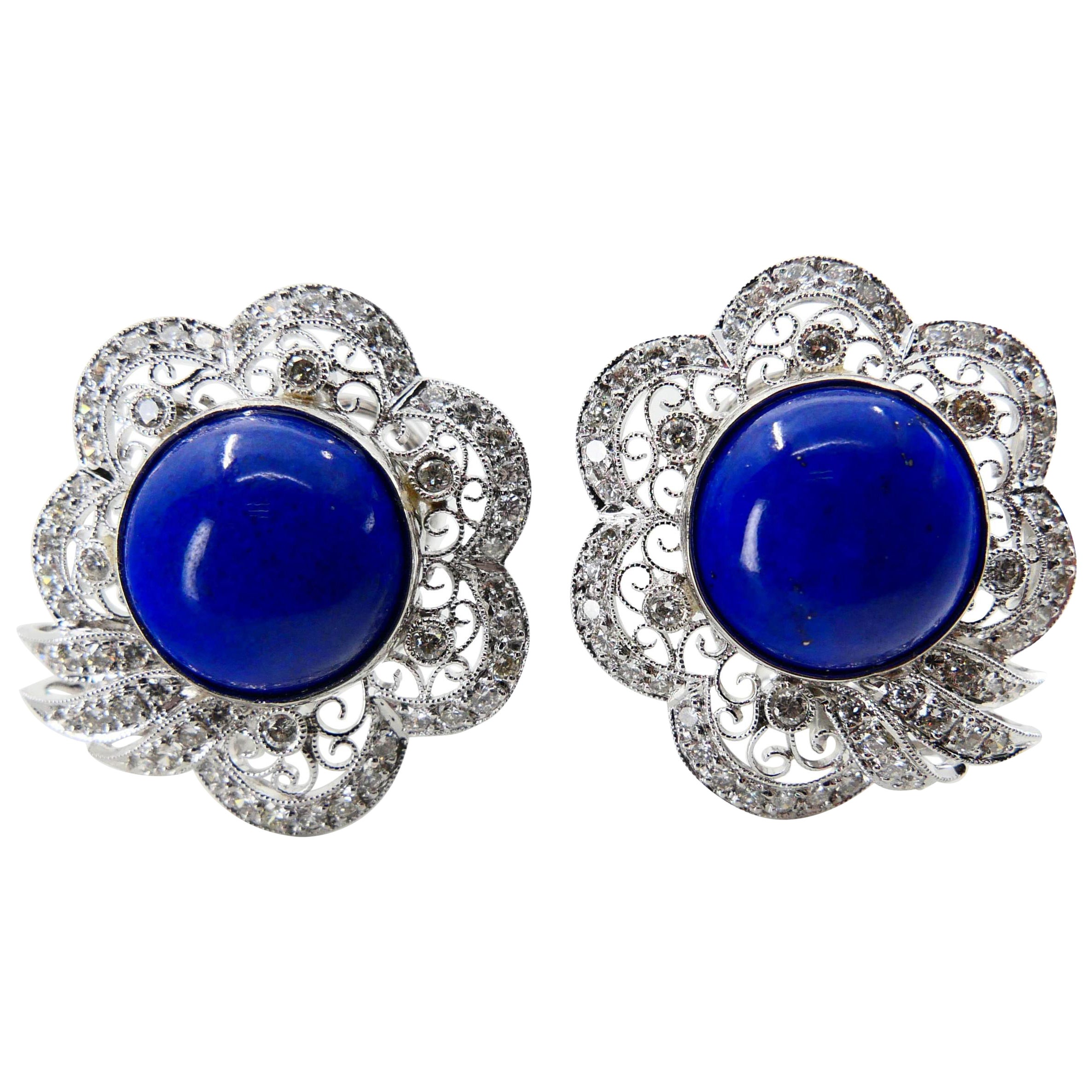 Royal Blue Lapis Lazuli 11.5mm  & Diamond Earrings With Gold Veins & Gold Spots For Sale