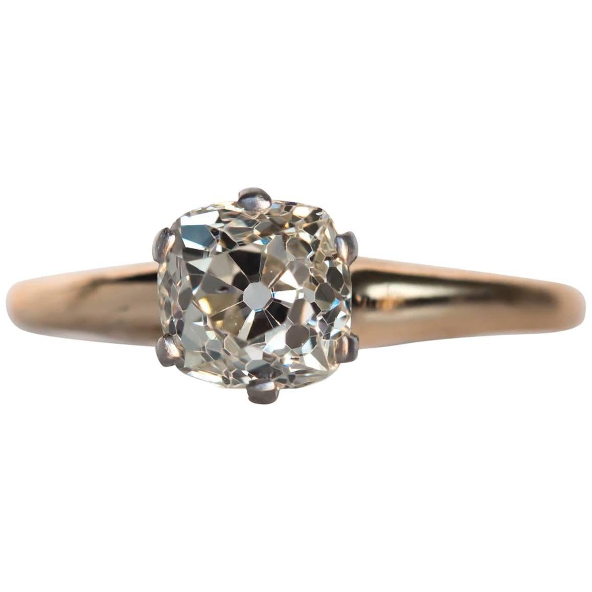 1900s Edwardian Yellow Gold and Platinum 1.26 Carat Diamond Engagement Ring For Sale
