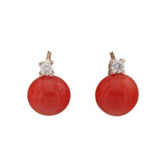 Vintage Style Natural Red Coral Diamond Monachina Earrings