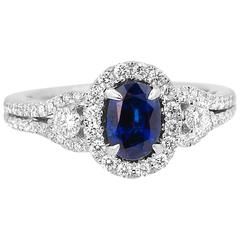 Blue Sapphire Diamond Halo Gold Ring
