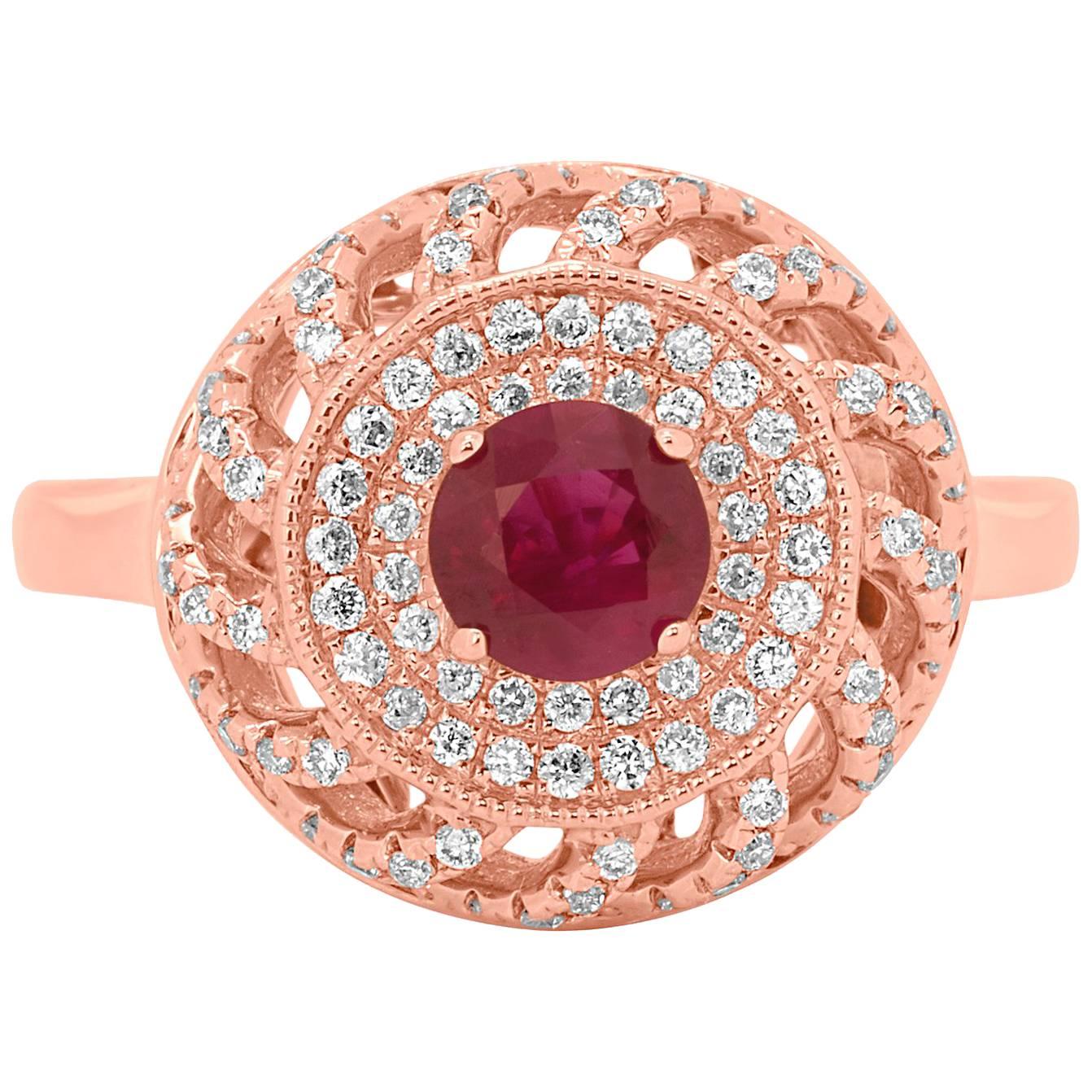 Ruby Pink Diamond White Diamond Rose Gold Double Halo Cocktail Ring